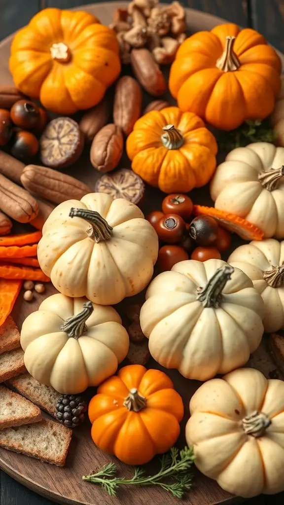 A fall-themed charcuterie board featuring mini pumpkins, nuts, and crackers.