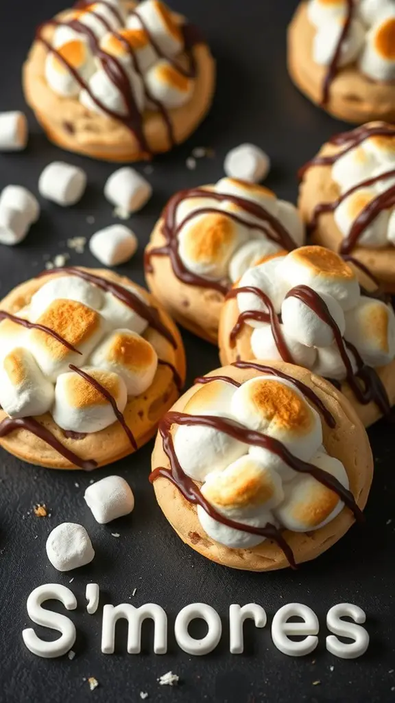 Delicious S'mores cookies topped with toasted marshmallows and drizzled with chocolate.