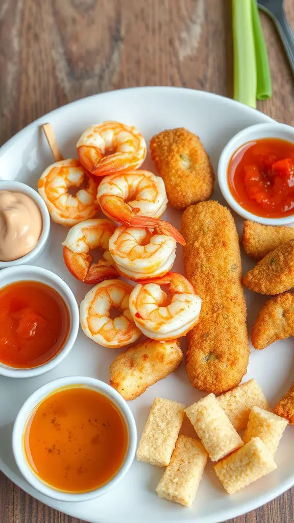 A plate of kid-friendly seafood options including shrimp, fish sticks, and dipping sauces.