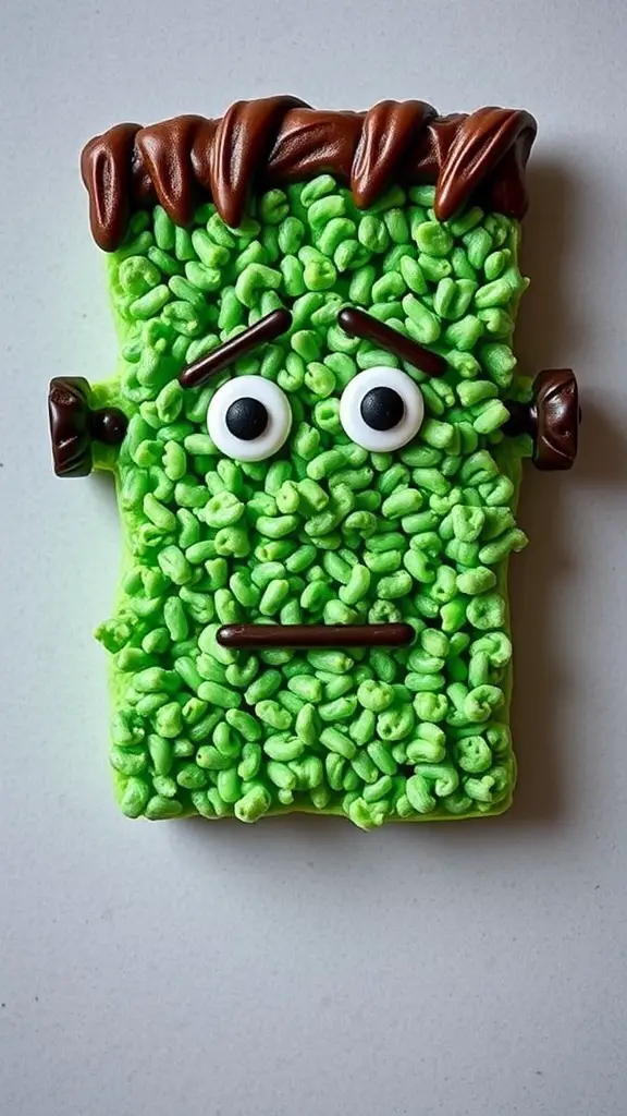 A green Rice Krispie treat shaped like Frankenstein's monster with chocolate hair and candy eyes.