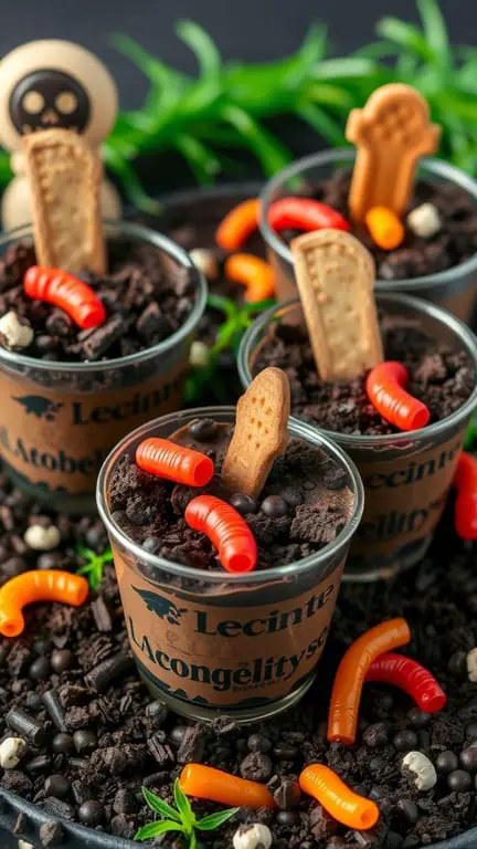 Haunted Graveyard Dirt Cups with gummy worms and cookie tombstones