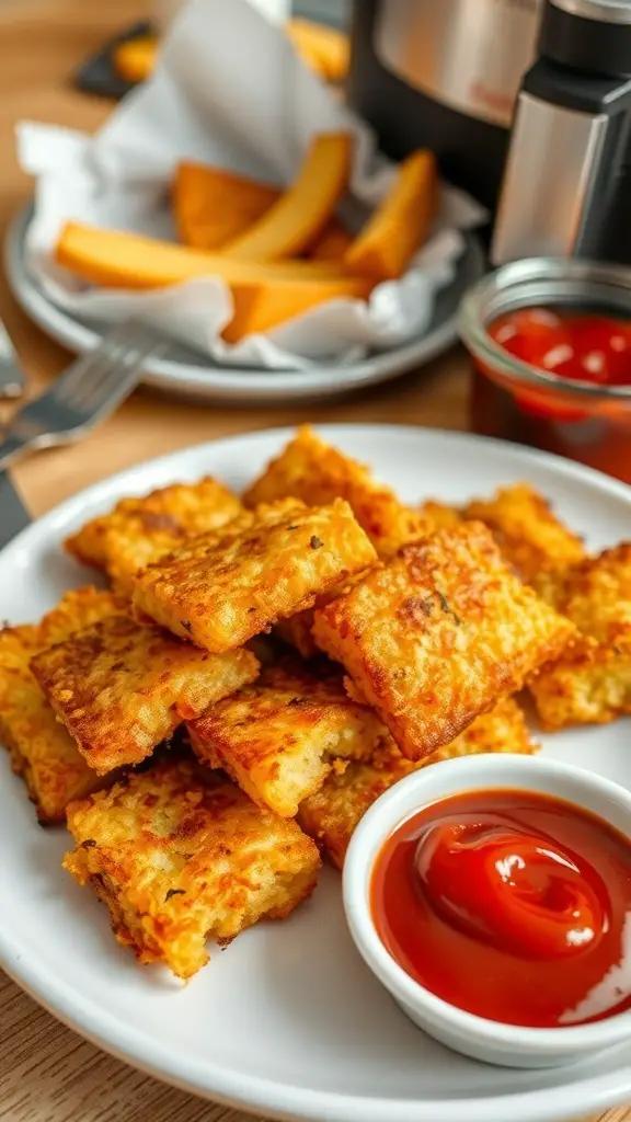 A plate of golden air fryer hash browns served with ketchup and a side of fruit.