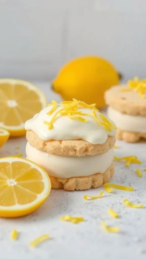 Lemon shortbread ice cream sandwiches with lemon slices and zest