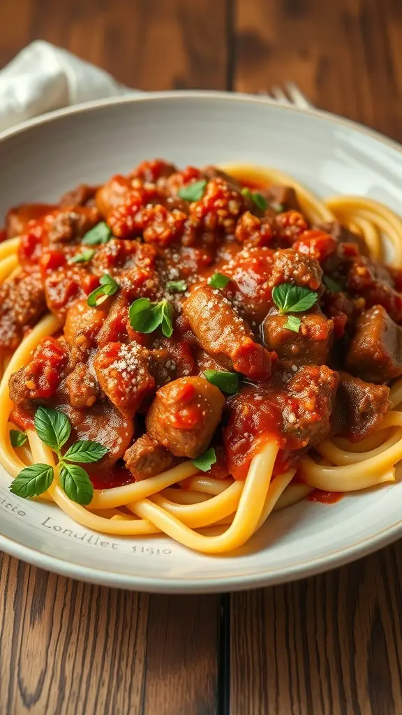 A plate of pappardelle pasta topped with slow-cooked ragu and garnished with fresh herbs.