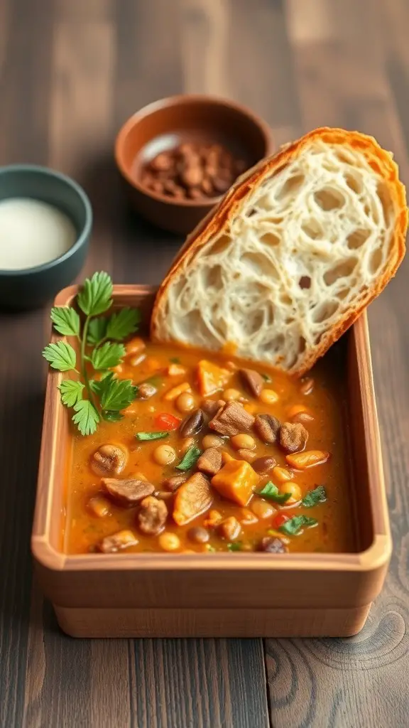 A bowl of lentil soup with a slice of crusty bread on the side, garnished with fresh herbs.