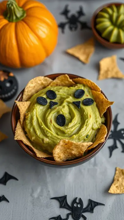 A bowl of guacamole shaped like a ghost, surrounded by tortilla chips and Halloween decorations.