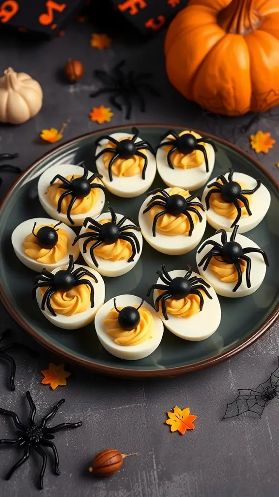 A plate of deviled eggs decorated with black plastic spiders for Halloween
