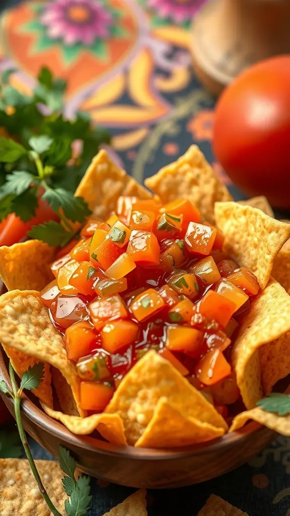 A bowl of spicy apricot salsa served with tortilla chips, garnished with cilantro.