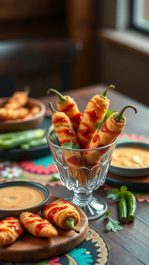 Charcuterie cups filled with spicy jalapeños, drizzled with sauce and served with dips.