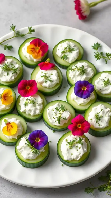 A plate of cucumber bites topped with cream cheese and herbs, garnished with colorful edible flowers.