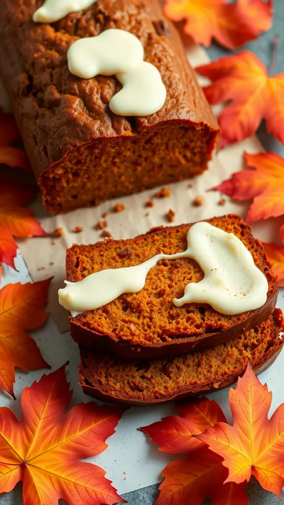 A loaf of spiced pumpkin bread with cream cheese drizzle, surrounded by autumn leaves.