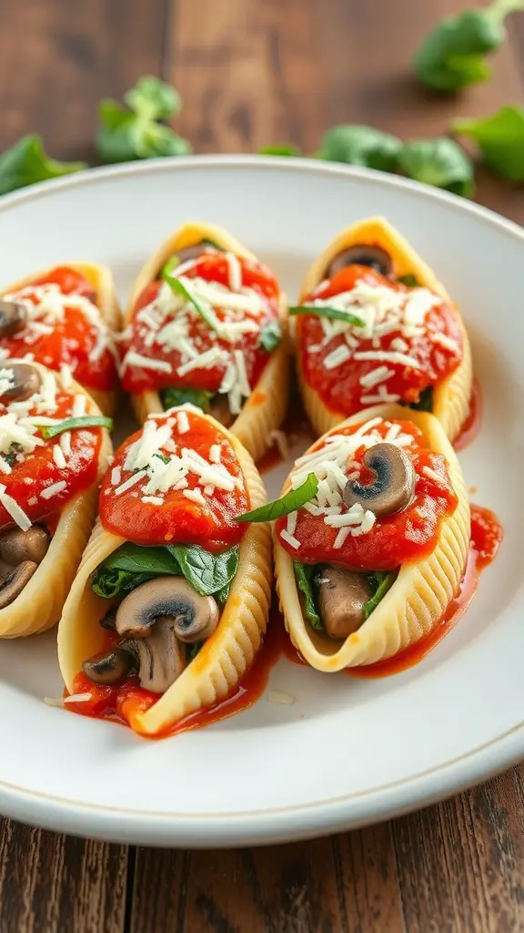 A plate of mushroom and spinach stuffed shells topped with marinara sauce and cheese.