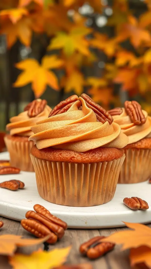 Maple pecan cupcakes with toasted nuts on a white plate, surrounded by autumn leaves.