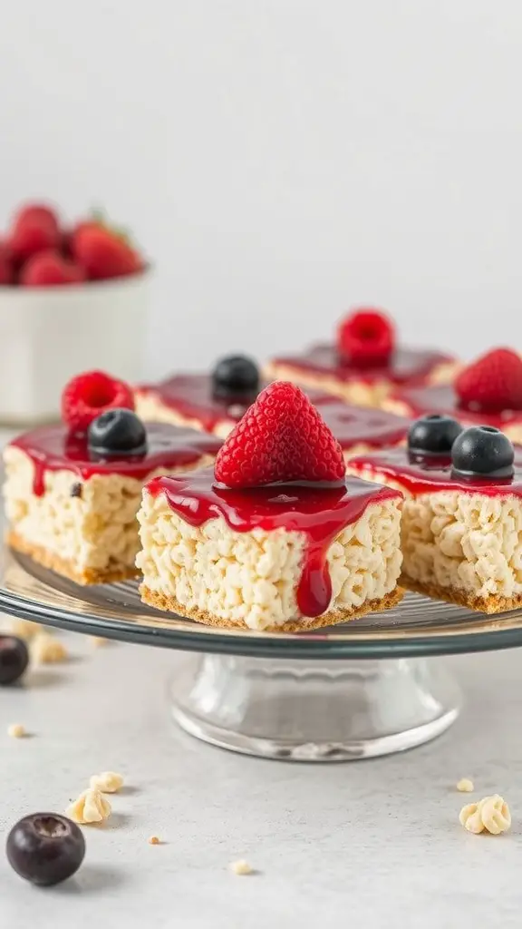 Cheesecake Rice Krispie Treats topped with raspberries and blueberries