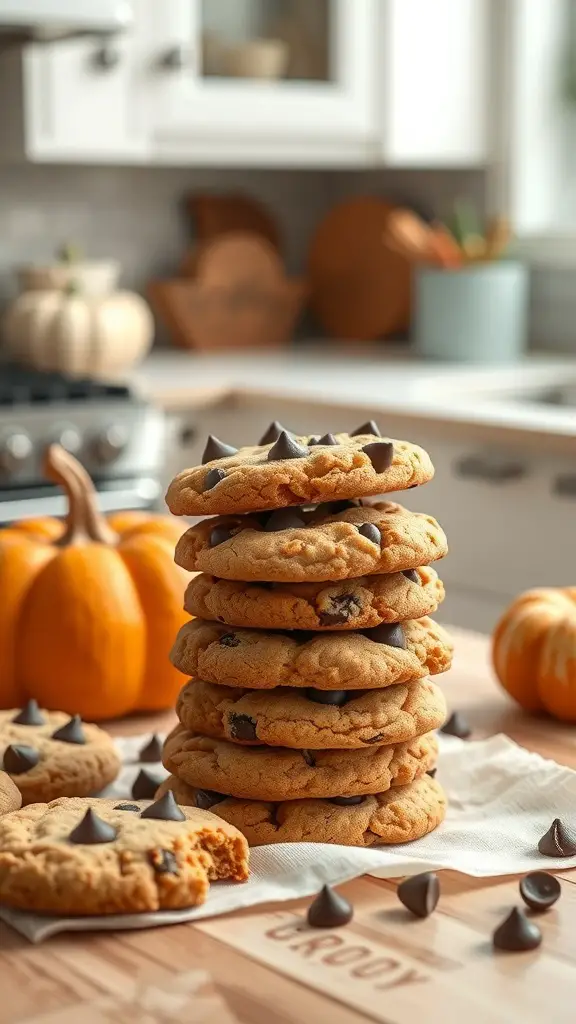 A stack of chocolate chip pumpkin sugar cookies with pumpkins in the background