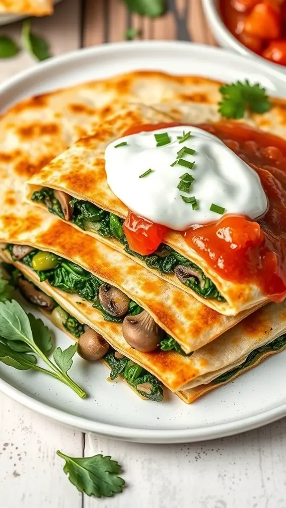 Delicious quesadillas filled with spinach and mushrooms, served with salsa and sour cream.