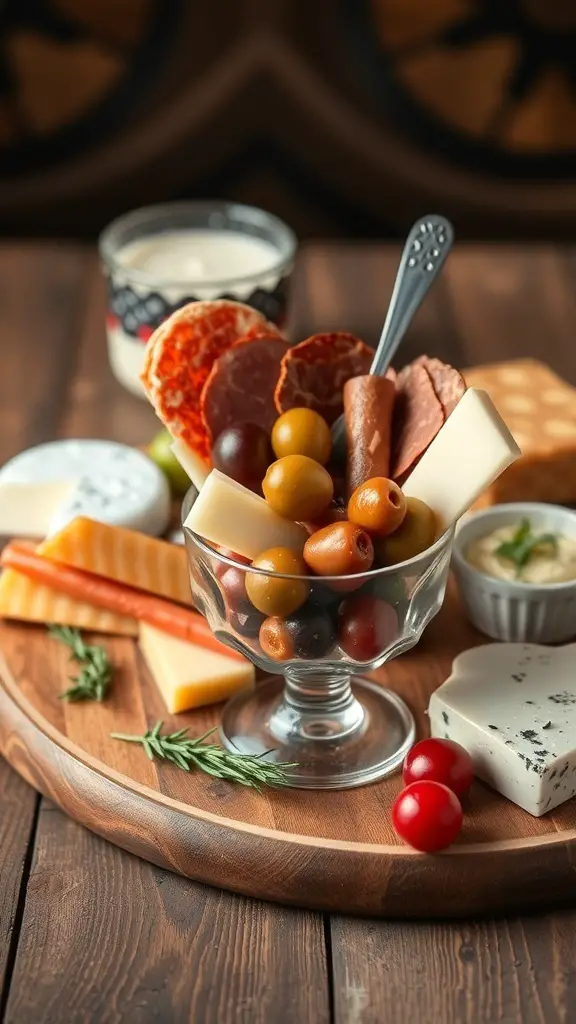 A charcuterie cup filled with olives, pepperoni, salami, and assorted cheeses on a wooden platter.