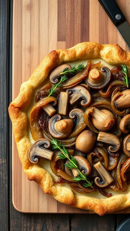 A delicious caramelized onion and mushroom tart on a wooden cutting board, garnished with fresh herbs.