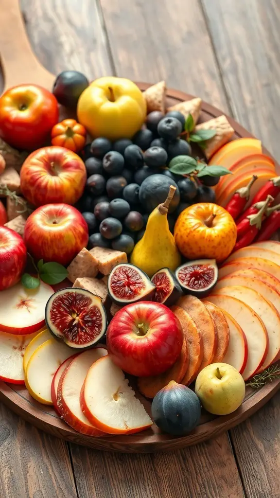 A colorful fall charcuterie board featuring a variety of seasonal fruits including apples, pears, figs, and blueberries.