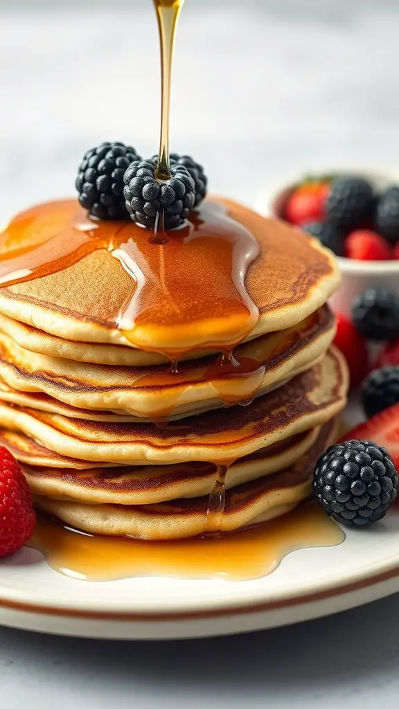 A stack of keto pancakes topped with blackberries and drizzled with sugar-free syrup.