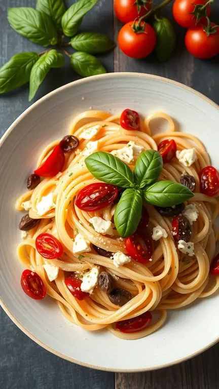 A plate of spaghetti with Boursin cheese, sun-dried tomatoes, and fresh basil.