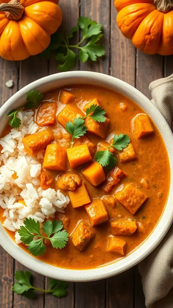A bowl of vegetarian pumpkin curry with rice, garnished with cilantro, and surrounded by small pumpkins.