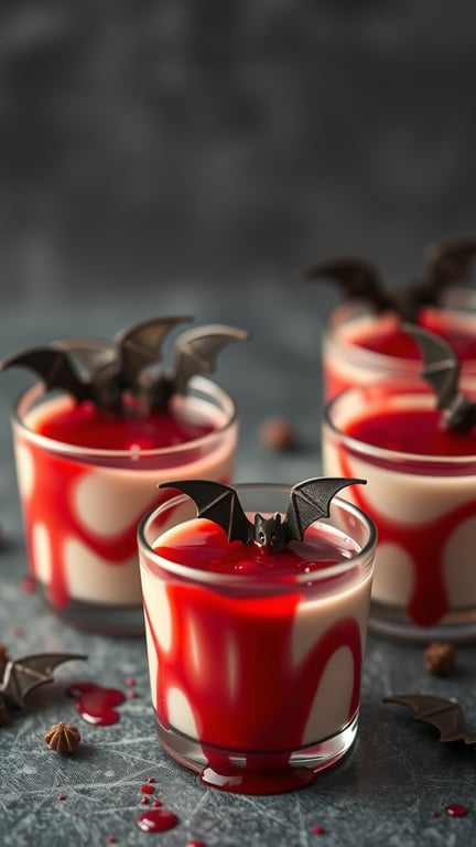 Vampire Blood Pudding Cups with bat decorations and red topping