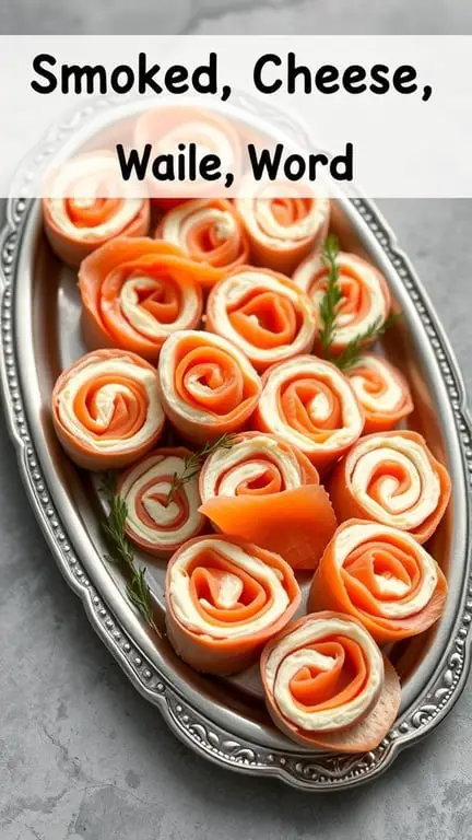 A platter of smoked salmon and cream cheese pinwheels arranged beautifully.