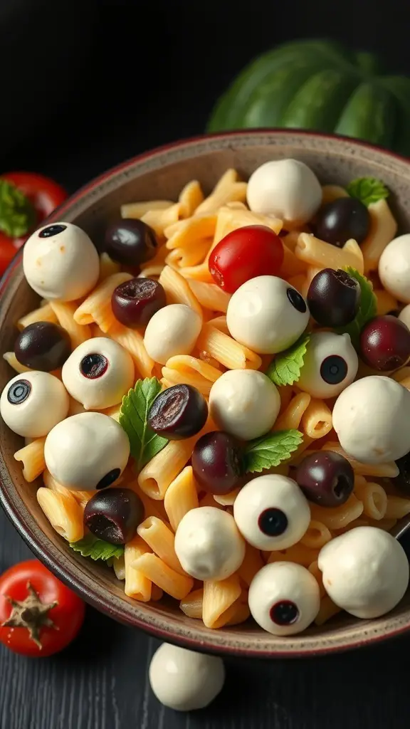 A bowl of Eyeball Pasta Salad with mozzarella balls and olives resembling eyeballs, served with pasta and garnished with herbs.