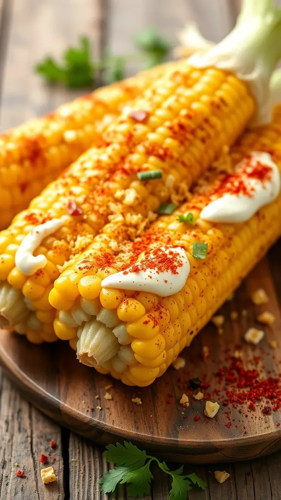 Grilled corn on the cob topped with cheese and chili powder