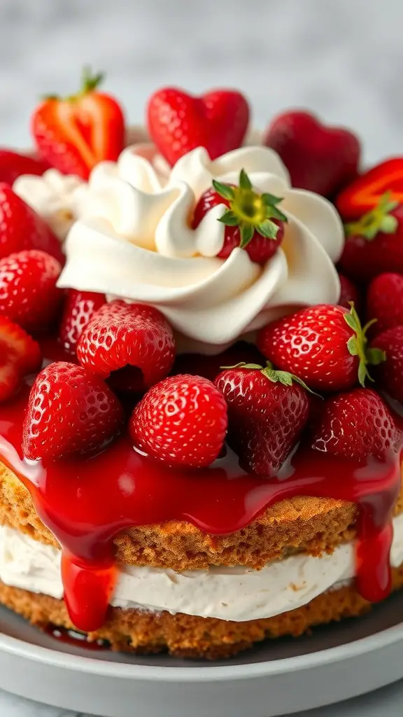 A delicious Strawberry Shortcake No Bake Cheesecake topped with fresh strawberries and whipped cream.
