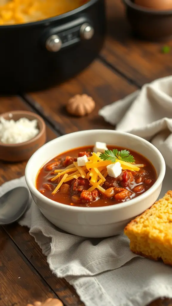 A bowl of chili topped with cheese and served with cornbread on the side.