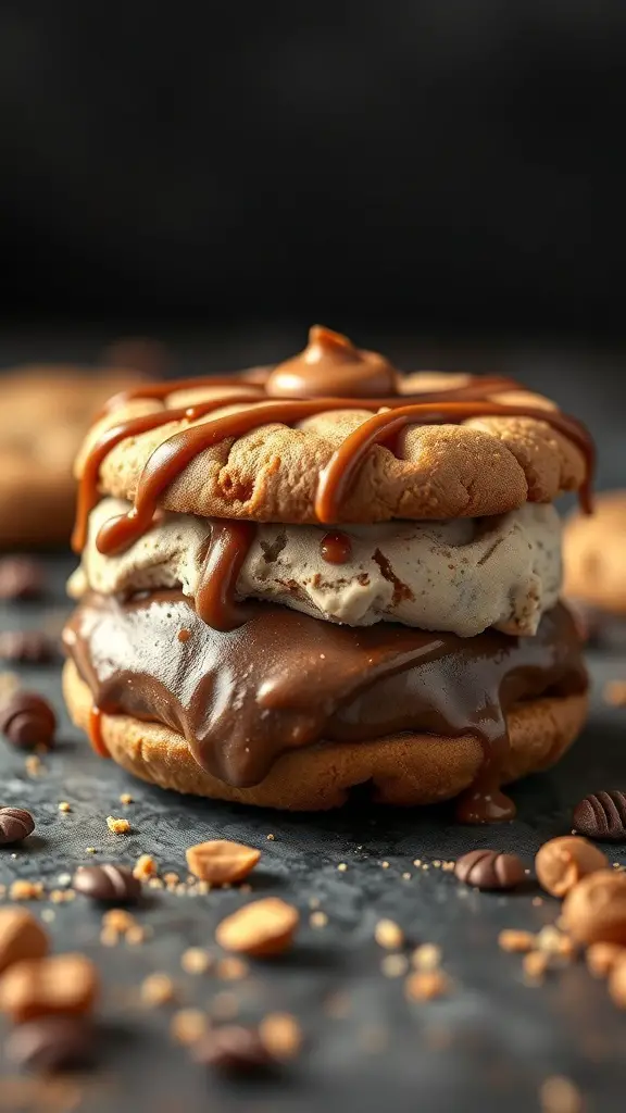 Peanut butter cookie sandwich with chocolate ice cream and chocolate sauce