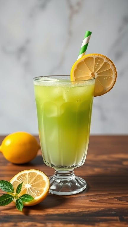 A refreshing glass of Matcha Lemonade with a lemon slice and a striped straw