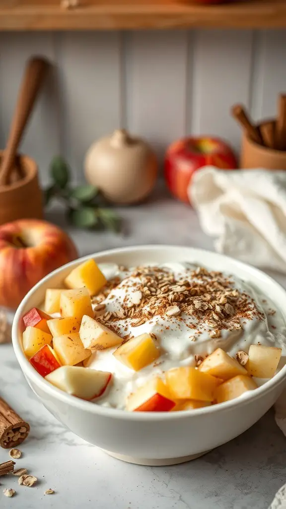 A yogurt bowl with apple chunks, oats, and cinnamon on top