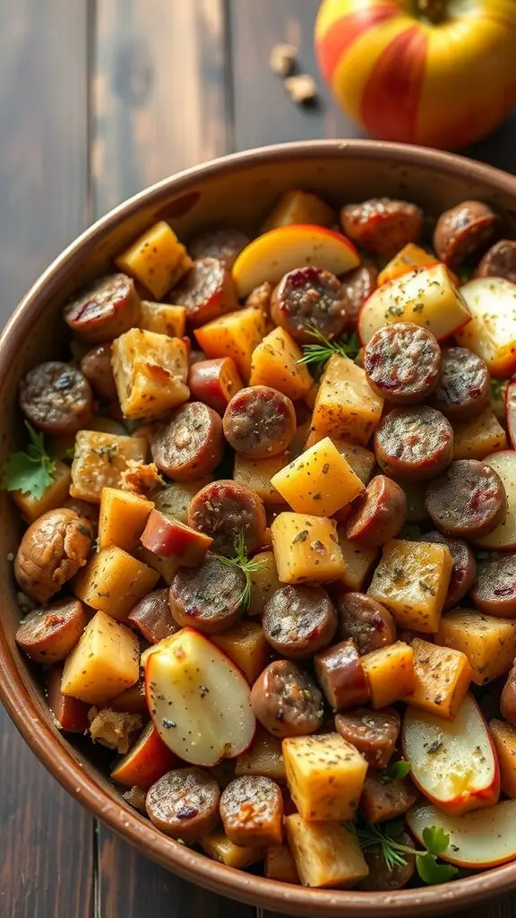 A bowl of sausage and apple stuffing with diced apples and sausage pieces, garnished with herbs.