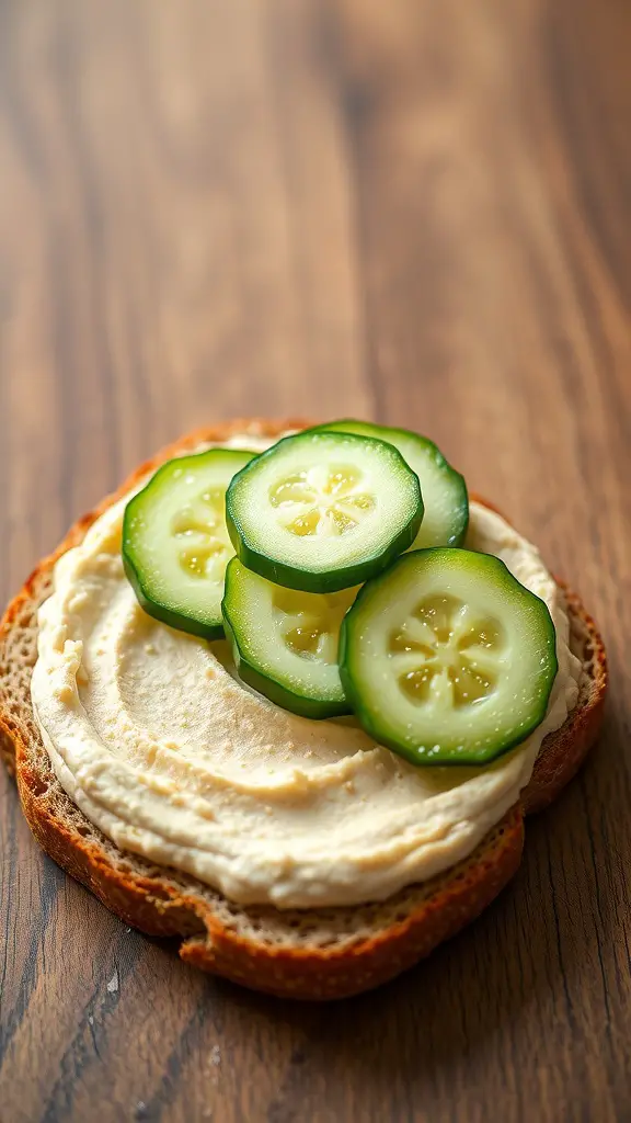 Whole grain English muffin topped with hummus and cucumber slices