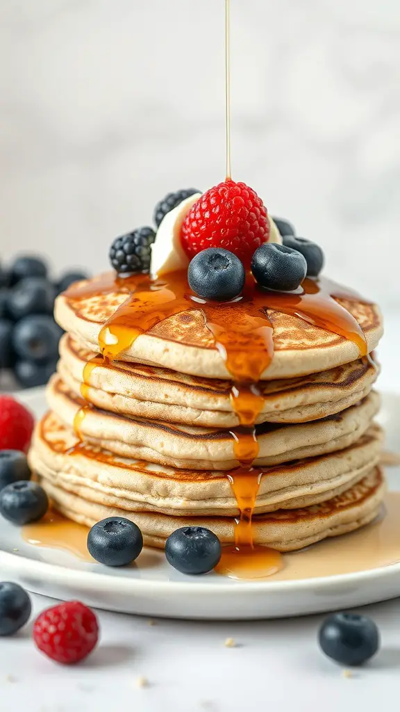 Stack of whole wheat pancakes topped with berries and maple syrup