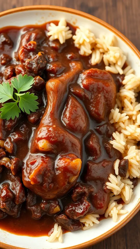 A bowl of Mole Poblano with chicken served over rice, garnished with cilantro.