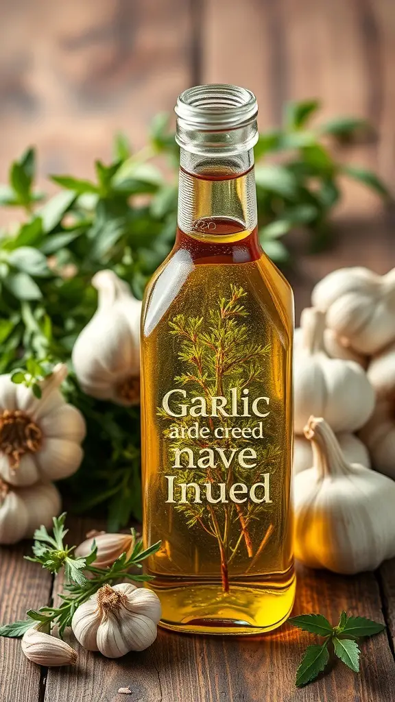 Bottle of garlic and herb infused oil with fresh garlic and herbs in the background