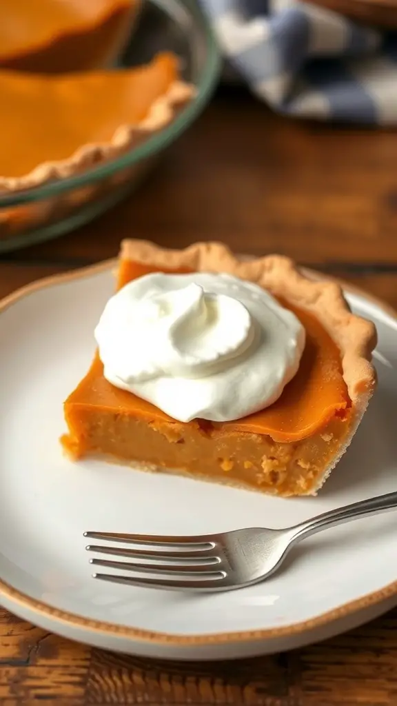 A slice of sweet potato pie topped with whipped cream on a plate, with a fork beside it.