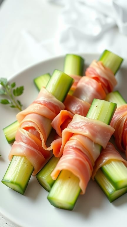 Cucumber sticks wrapped in prosciutto on a plate