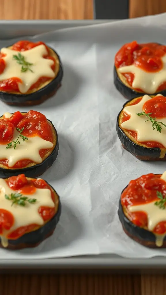 Baked eggplant rounds topped with tomato sauce and melted cheese on a baking sheet.