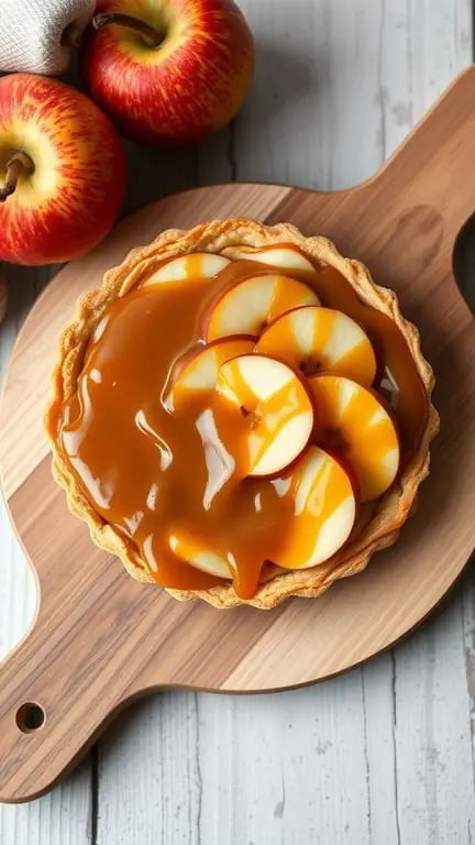 A caramel apple tart topped with sliced apples and caramel sauce, placed on a wooden serving board with fresh apples in the background.