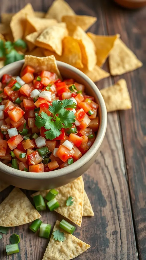 A bowl of Pico de Gallo salsa surrounded by tortilla chips on a wooden table.