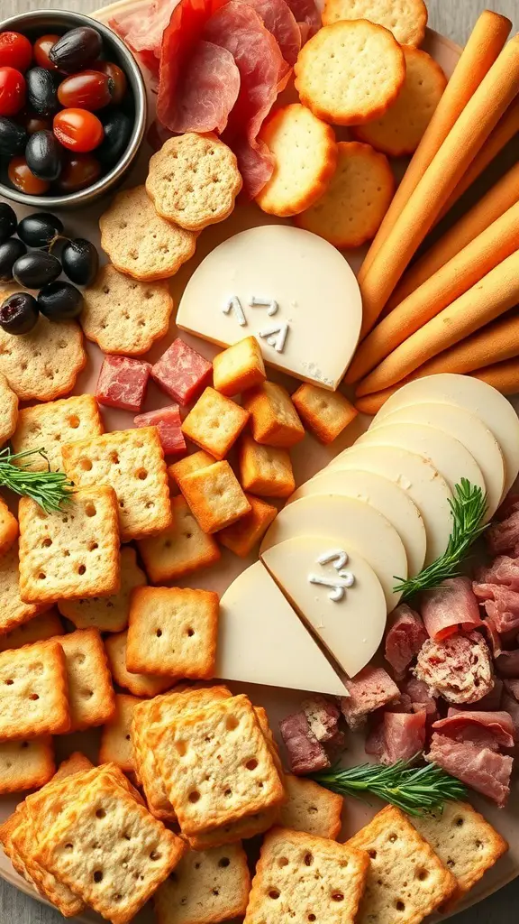 A variety of gourmet crackers and breadsticks arranged on a charcuterie board