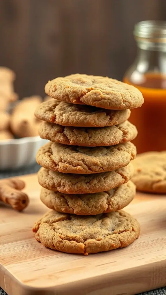 A stack of ginger molasses cookies on a wooden board with a rustic background