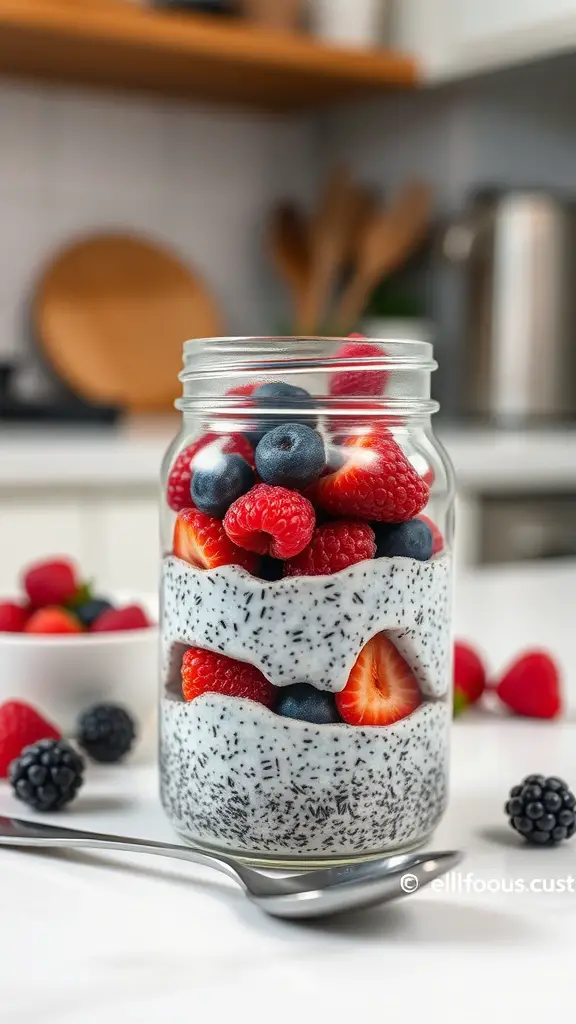 A jar of chia seed pudding layered with fresh berries, including strawberries, blueberries, and raspberries.
