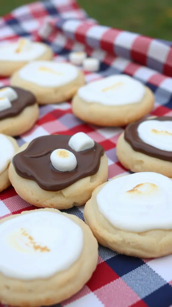 A close-up of decorated S'mores Sugar Cookies on a checkered cloth.