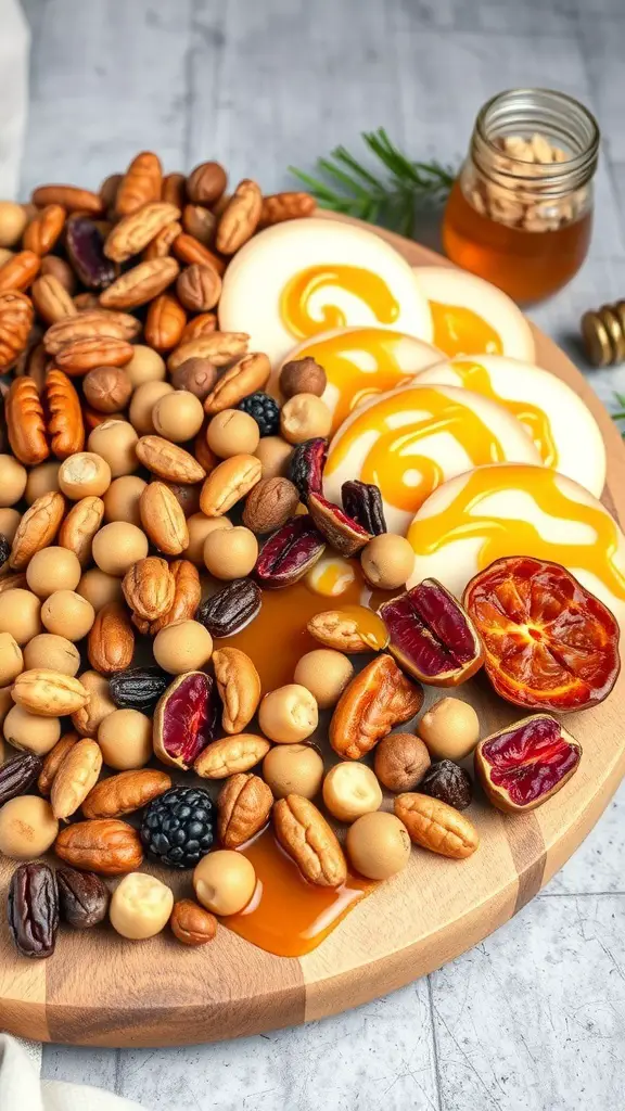 A wooden charcuterie board featuring a variety of nuts, dried fruits, and creamy cheeses, drizzled with honey.